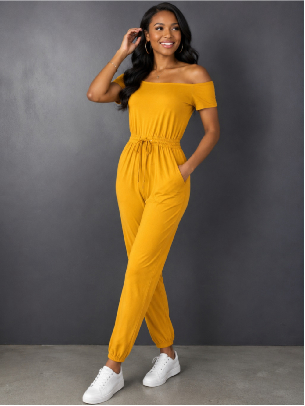 Capella Mustard Off-Shoulder Drawstring Jumpsuit – Size M